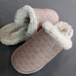 Michael Kors Janis Faux Fur-Lined Logo Jacquard Slipper 9 M Soft Pink